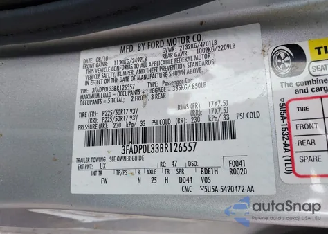 2011 Ford Fusion Hybrid z USA, uszkodzony, nr VIN 3FADP0L33BR126557